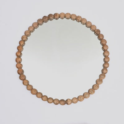 Decorative Round Hanging Wall Mirror With Natural Wooden Bead Design Frame, 32