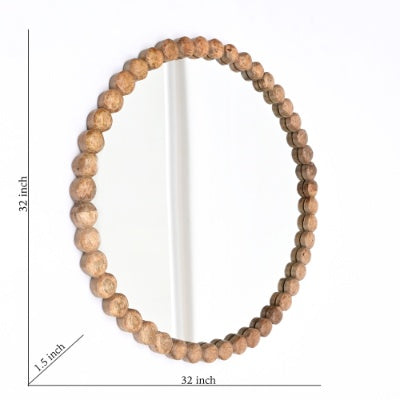 Decorative Round Hanging Wall Mirror With Natural Wooden Bead Design Frame, 32